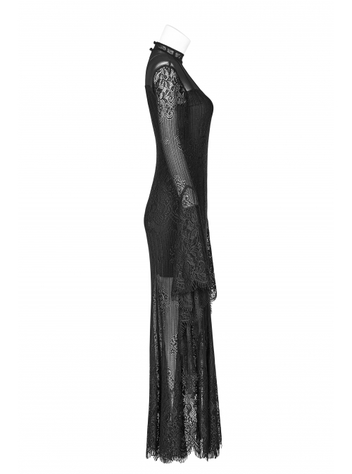 Black Positioning Lace Rear Collar Open Fork Button Flare Sleeves Gothic Maxi Dress