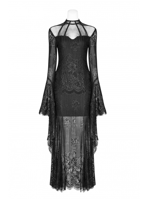 Black Positioning Lace Rear Collar Open Fork Button Flare Sleeves Gothic Maxi Dress