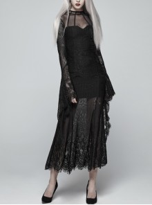 Black Positioning Lace Rear Collar Open Fork Button Flare Sleeves Gothic Maxi Dress