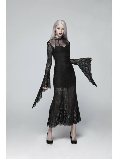 Black Positioning Lace Rear Collar Open Fork Button Flare Sleeves Gothic Maxi Dress