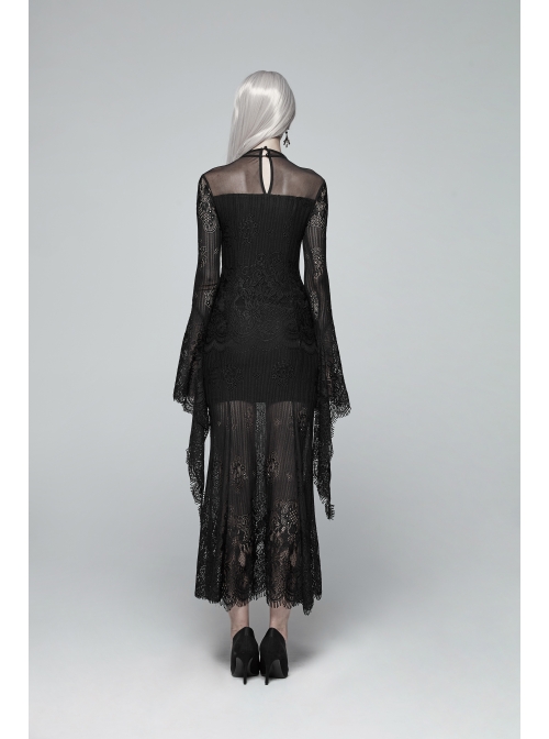 Black Positioning Lace Rear Collar Open Fork Button Flare Sleeves Gothic Maxi Dress