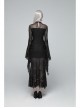 Black Positioning Lace Rear Collar Open Fork Button Flare Sleeves Gothic Maxi Dress