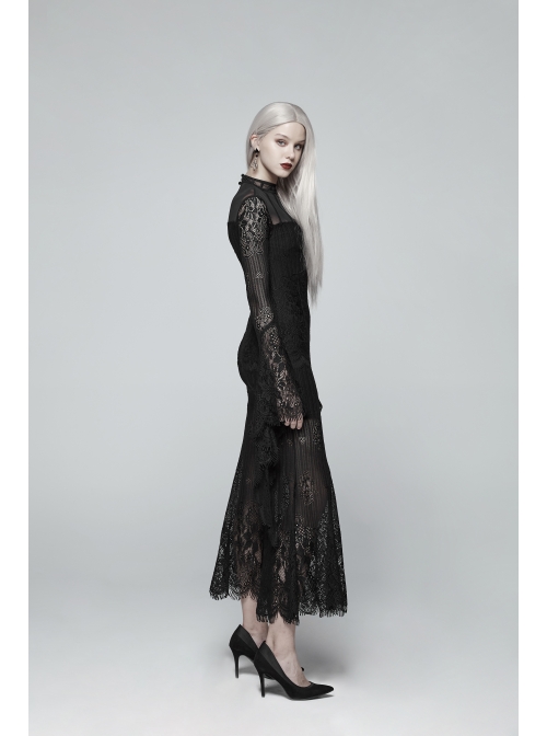 Black Positioning Lace Rear Collar Open Fork Button Flare Sleeves Gothic Maxi Dress