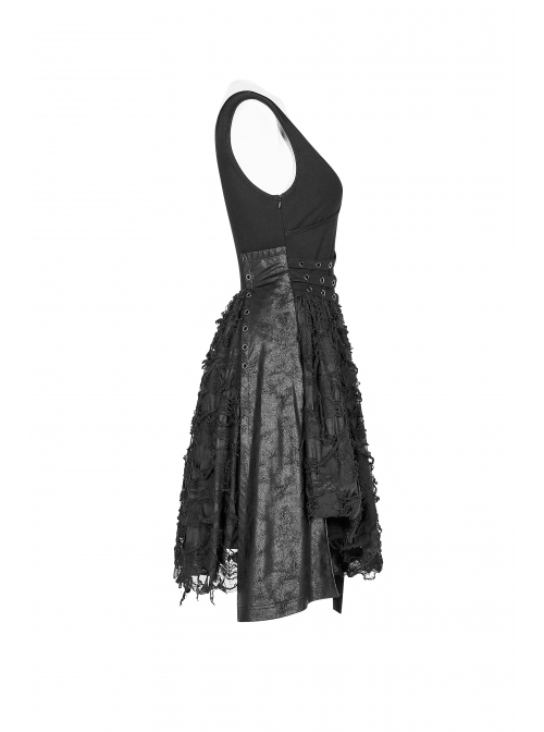 Worn-Out V-Neck Waist Metal Rings PU Loops Splice Leather Asymmetric Hem Black Punk Knit Dress