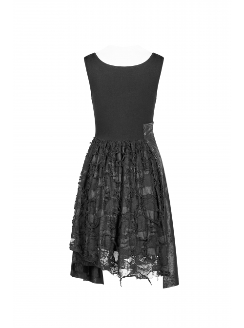 Worn-Out V-Neck Waist Metal Rings PU Loops Splice Leather Asymmetric Hem Black Punk Knit Dress