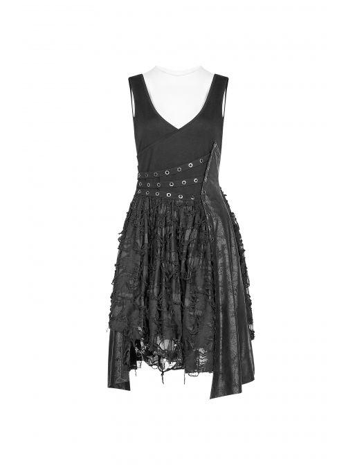 Worn-Out V-Neck Waist Metal Rings PU Loops Splice Leather Asymmetric Hem Black Punk Knit Dress