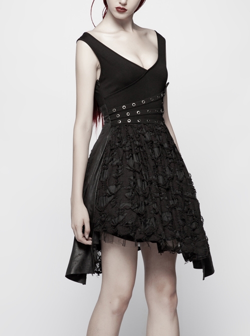 Worn-Out V-Neck Waist Metal Rings PU Loops Splice Leather Asymmetric Hem Black Punk Knit Dress