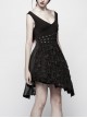 Worn-Out V-Neck Waist Metal Rings PU Loops Splice Leather Asymmetric Hem Black Punk Knit Dress