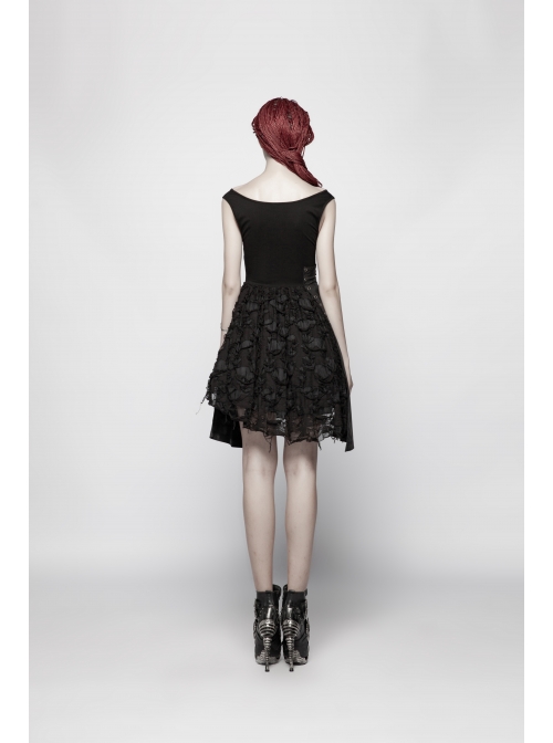 Worn-Out V-Neck Waist Metal Rings PU Loops Splice Leather Asymmetric Hem Black Punk Knit Dress