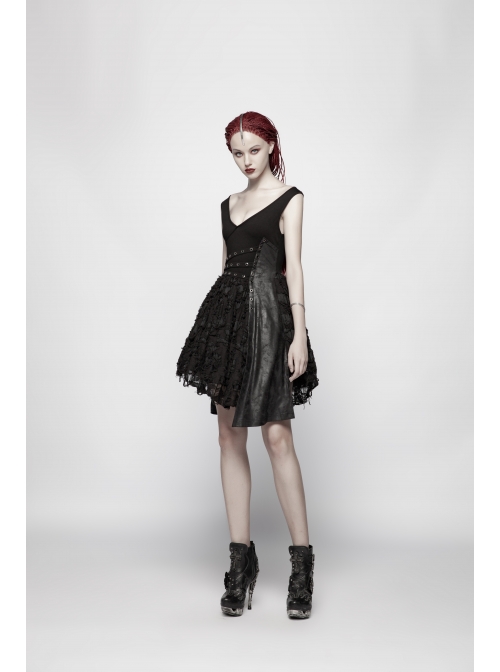 Worn-Out V-Neck Waist Metal Rings PU Loops Splice Leather Asymmetric Hem Black Punk Knit Dress
