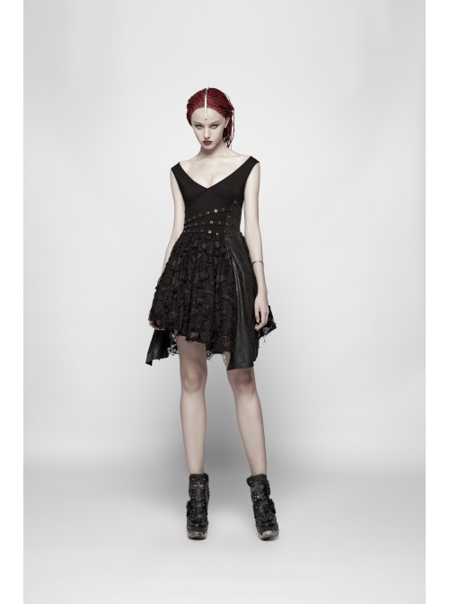 Worn-Out V-Neck Waist Metal Rings PU Loops Splice Leather Asymmetric Hem Black Punk Knit Dress