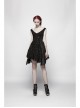 Worn-Out V-Neck Waist Metal Rings PU Loops Splice Leather Asymmetric Hem Black Punk Knit Dress