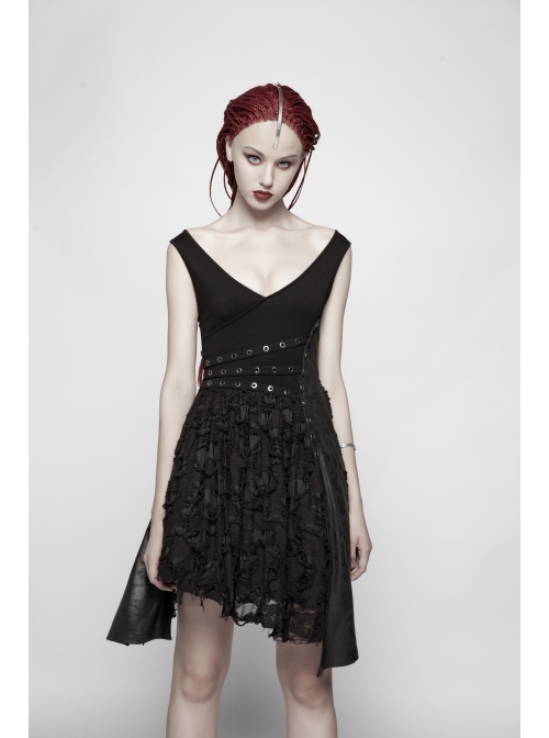Worn-Out V-Neck Waist Metal Rings PU Loops Splice Leather Asymmetric Hem Black Punk Knit Dress