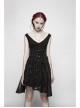 Worn-Out V-Neck Waist Metal Rings PU Loops Splice Leather Asymmetric Hem Black Punk Knit Dress