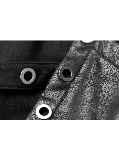 Worn-Out V-Neck Waist Metal Rings PU Loops Splice Leather Asymmetric Hem Black Punk Knit Dress