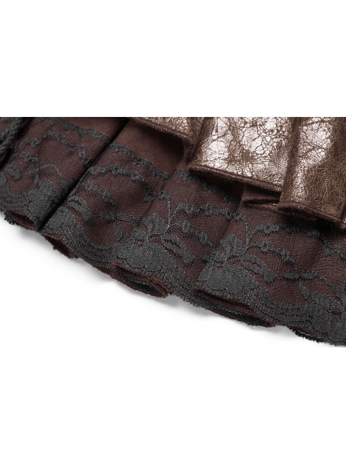 Metal Eyelets D-Buckle Side Lace-Up Frill Lace Hem Brown Punk Knit Splice PU Leather Skirt