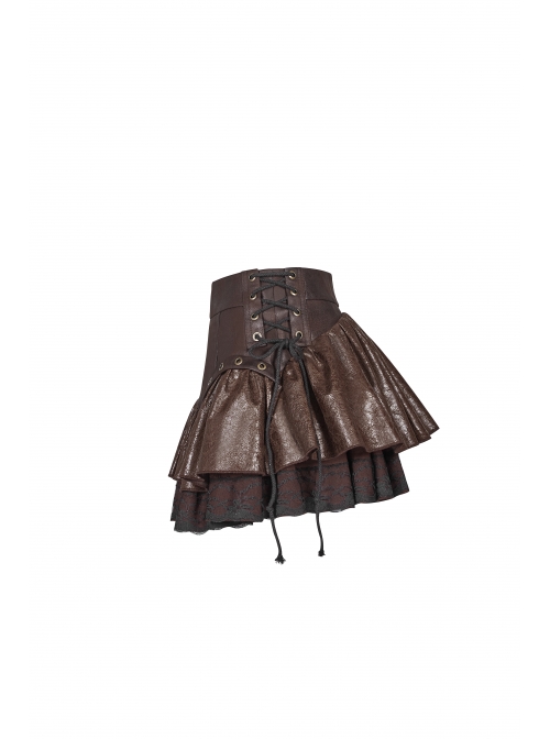 Metal Eyelets D-Buckle Side Lace-Up Frill Lace Hem Brown Punk Knit Splice PU Leather Skirt