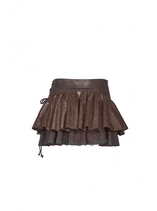 Metal Eyelets D-Buckle Side Lace-Up Frill Lace Hem Brown Punk Knit Splice PU Leather Skirt