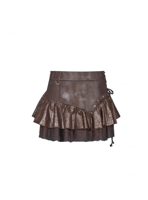 Metal Eyelets D-Buckle Side Lace-Up Frill Lace Hem Brown Punk Knit Splice PU Leather Skirt