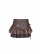 Metal Eyelets D-Buckle Side Lace-Up Frill Lace Hem Brown Punk Knit Splice PU Leather Skirt