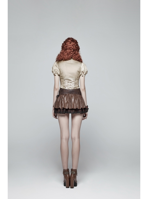Metal Eyelets D-Buckle Side Lace-Up Frill Lace Hem Brown Punk Knit Splice PU Leather Skirt
