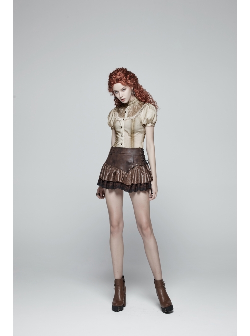Metal Eyelets D-Buckle Side Lace-Up Frill Lace Hem Brown Punk Knit Splice PU Leather Skirt