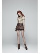 Metal Eyelets D-Buckle Side Lace-Up Frill Lace Hem Brown Punk Knit Splice PU Leather Skirt