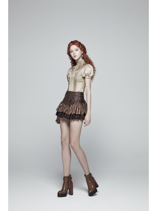 Metal Eyelets D-Buckle Side Lace-Up Frill Lace Hem Brown Punk Knit Splice PU Leather Skirt