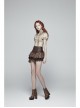 Metal Eyelets D-Buckle Side Lace-Up Frill Lace Hem Brown Punk Knit Splice PU Leather Skirt