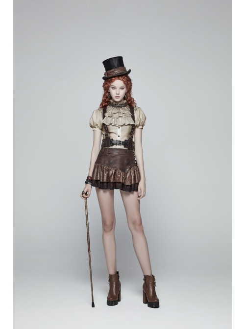 Metal Eyelets D-Buckle Side Lace-Up Frill Lace Hem Brown Punk Knit Splice PU Leather Skirt