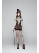Metal Eyelets D-Buckle Side Lace-Up Frill Lace Hem Brown Punk Knit Splice PU Leather Skirt