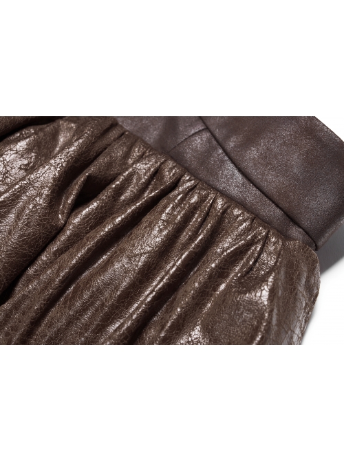 Metal Eyelets D-Buckle Side Lace-Up Frill Lace Hem Brown Punk Knit Splice PU Leather Skirt