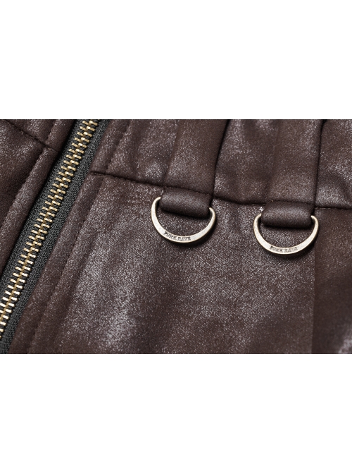 Metal Eyelets D-Buckle Side Lace-Up Frill Lace Hem Brown Punk Knit Splice PU Leather Skirt