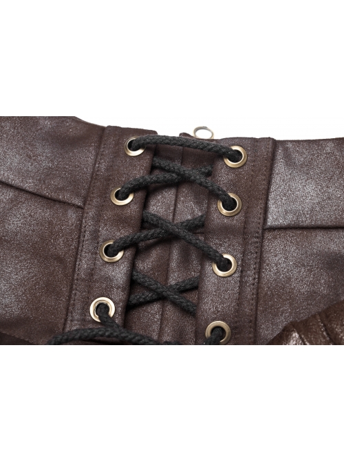 Metal Eyelets D-Buckle Side Lace-Up Frill Lace Hem Brown Punk Knit Splice PU Leather Skirt