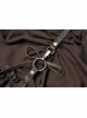 Rough Cotton Hemp Splice Pattern PU Leather High Waist Metal Rings Lace-Up Irregular Frill Hem Brown Punk  Sling Dress