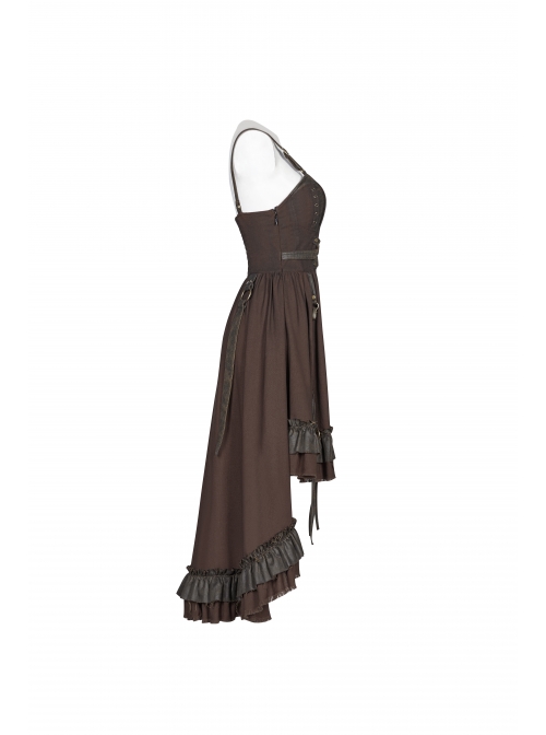 Rough Cotton Hemp Splice Pattern PU Leather High Waist Metal Rings Lace-Up Irregular Frill Hem Brown Punk  Sling Dress