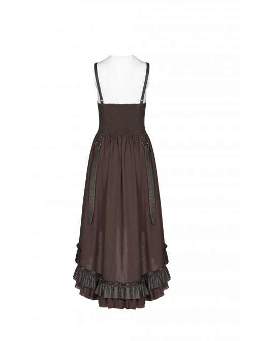 Rough Cotton Hemp Splice Pattern PU Leather High Waist Metal Rings Lace-Up Irregular Frill Hem Brown Punk  Sling Dress