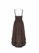 Rough Cotton Hemp Splice Pattern PU Leather High Waist Metal Rings Lace-Up Irregular Frill Hem Brown Punk  Sling Dress