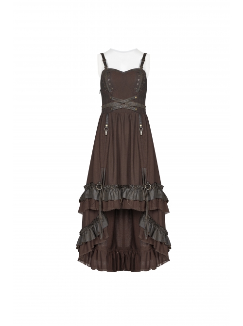 Rough Cotton Hemp Splice Pattern PU Leather High Waist Metal Rings Lace-Up Irregular Frill Hem Brown Punk  Sling Dress