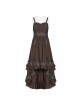 Rough Cotton Hemp Splice Pattern PU Leather High Waist Metal Rings Lace-Up Irregular Frill Hem Brown Punk  Sling Dress