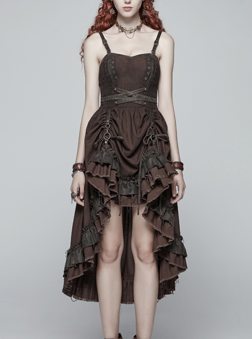 Rough Cotton Hemp Splice Pattern PU Leather High Waist Metal Rings Lace-Up Irregular Frill Hem Brown Punk  Sling Dress