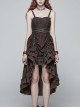 Rough Cotton Hemp Splice Pattern PU Leather High Waist Metal Rings Lace-Up Irregular Frill Hem Brown Punk  Sling Dress
