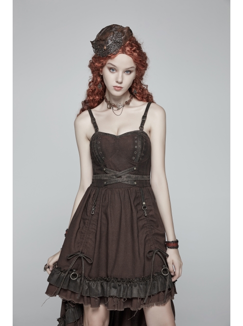 Rough Cotton Hemp Splice Pattern PU Leather High Waist Metal Rings Lace-Up Irregular Frill Hem Brown Punk  Sling Dress