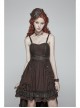 Rough Cotton Hemp Splice Pattern PU Leather High Waist Metal Rings Lace-Up Irregular Frill Hem Brown Punk  Sling Dress