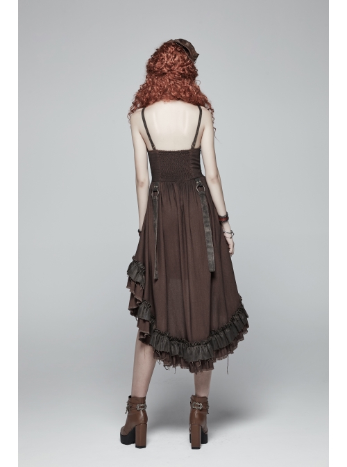 Rough Cotton Hemp Splice Pattern PU Leather High Waist Metal Rings Lace-Up Irregular Frill Hem Brown Punk  Sling Dress