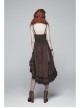 Rough Cotton Hemp Splice Pattern PU Leather High Waist Metal Rings Lace-Up Irregular Frill Hem Brown Punk  Sling Dress