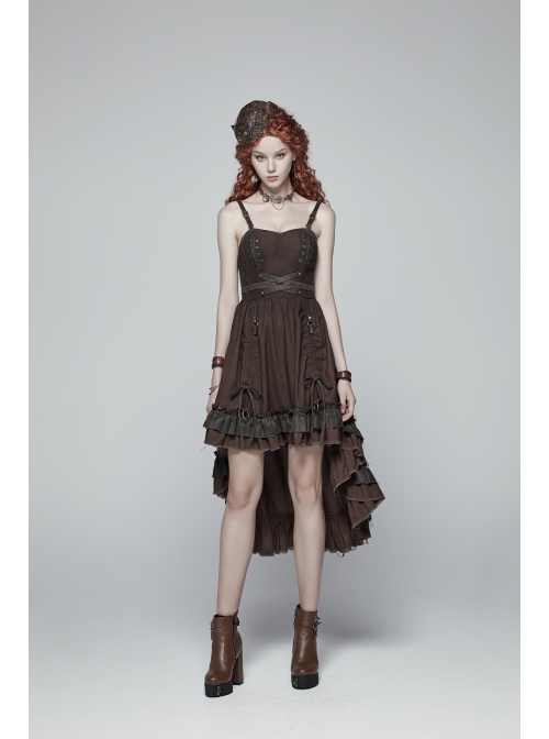 Rough Cotton Hemp Splice Pattern PU Leather High Waist Metal Rings Lace-Up Irregular Frill Hem Brown Punk  Sling Dress