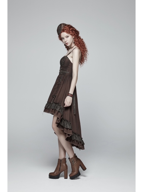 Rough Cotton Hemp Splice Pattern PU Leather High Waist Metal Rings Lace-Up Irregular Frill Hem Brown Punk  Sling Dress