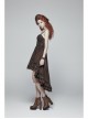 Rough Cotton Hemp Splice Pattern PU Leather High Waist Metal Rings Lace-Up Irregular Frill Hem Brown Punk  Sling Dress