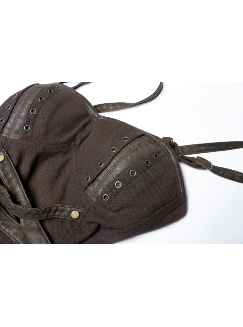 Rough Cotton Hemp Splice Pattern PU Leather High Waist Metal Rings Lace-Up Irregular Frill Hem Brown Punk  Sling Dress